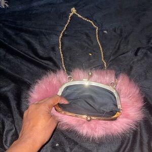 Elegant Pink Fur Clutch with Gold Chain